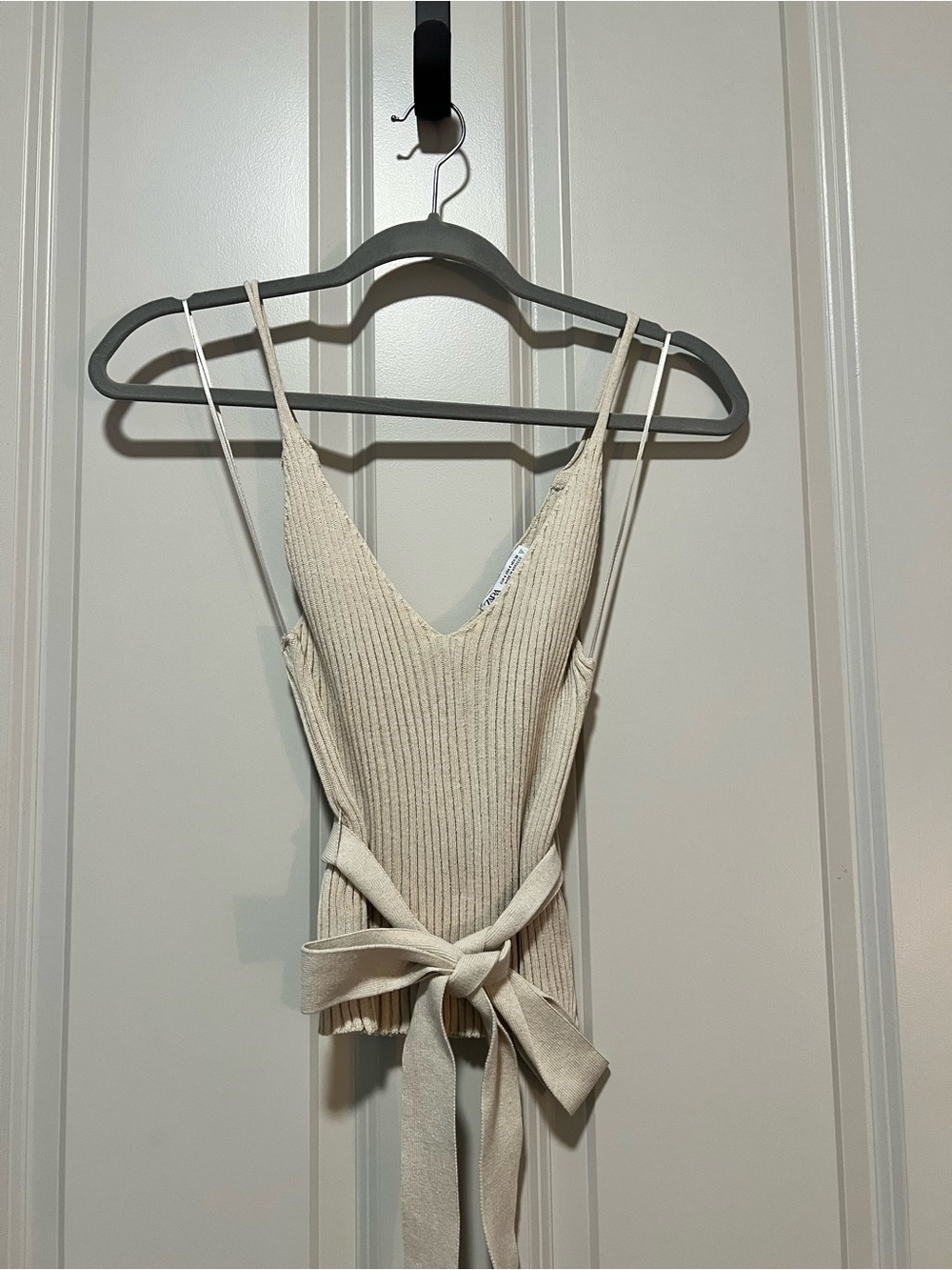 ZARA Ribbed V-Neck Tie-Waist Tank Top in Cream